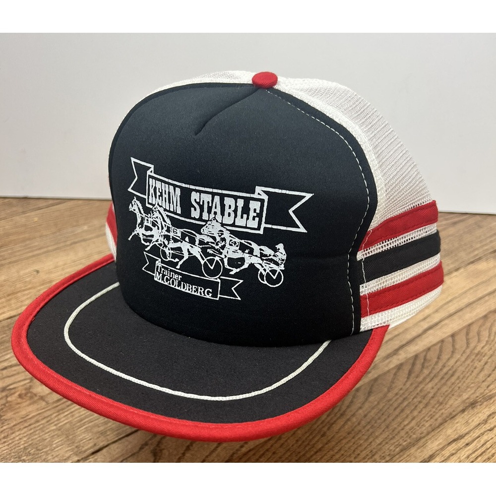 Vintage Kehm Stable Horse Racing Mesh Snapback Trucker Hat 3 Stripe